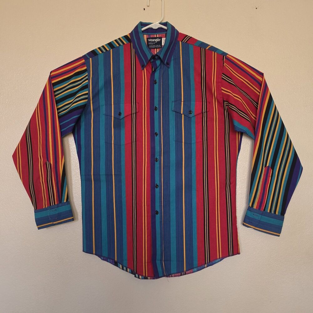 Vintage Wrangler Western Shirt Size 16.5-35 Colorful Stripes Cowboy Brushpopper
